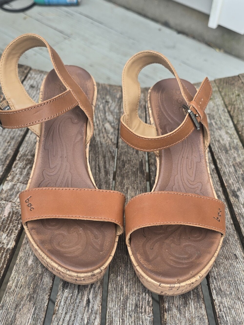 b.o.c. Tan Leather Cork Wedge Sandals - Adjustable Ankle Strap